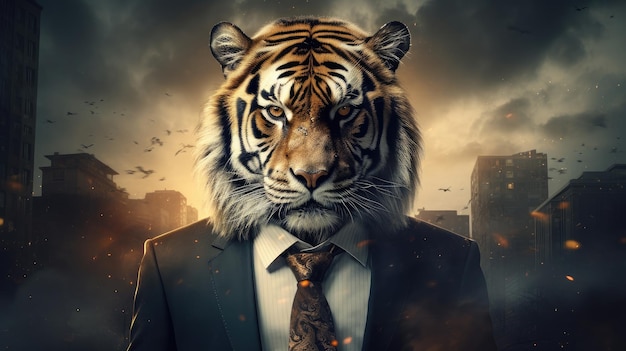 une tenue d'homme d'affaires avec les traits d'un visage de tigre