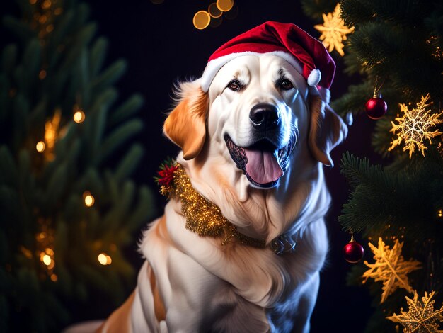 tenue de Noël des golden retrievers avec des décorations de Noël en intérieur générées par IA