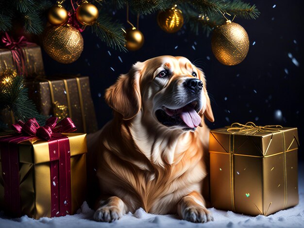 tenue de Noël des golden retrievers avec des décorations de Noël en intérieur générées par IA