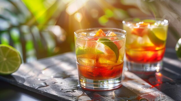 Tequila au lever du soleil avec du citron vert et de la glace