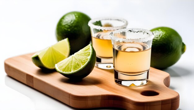 La tequila dans un verre de shot sur une planche à couper avec de la chaux