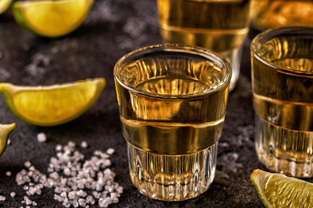 Tequila dans des verres à liqueur avec de la chaux et du sel