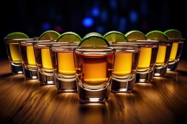 Tequila shot avec du citron sur le dessus