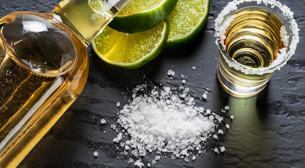 Tequila Shots au citron vert et au sel pour une fête mexicaine avec des verres vides au Mexique après la fête