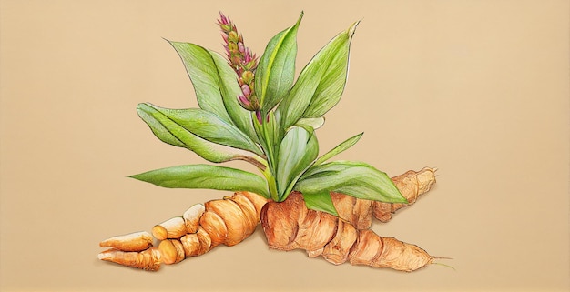 Termérique (Curcuma Longa). Illustration botanique sur papier blanc. Les meilleures plantes médicinales