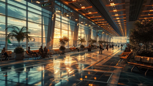Un terminal d'aéroport animé passagers avions véhicules au sol atmosphère animée IA générative