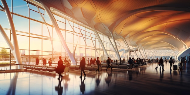 Terminal d'aéroport dynamique avec des fenêtres spacieuses et un puits de lumière rempli d'IA générative de personnes