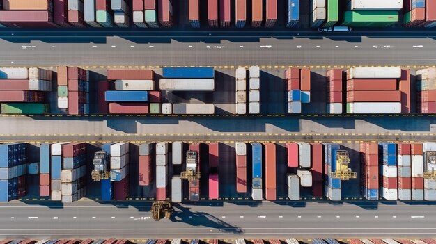 Un terminal à conteneurs avec une grue au milieu.