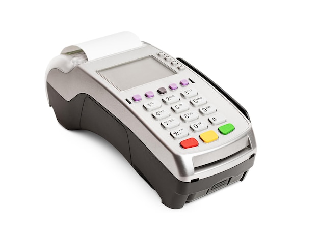Photo terminal de paiement sur fond blanc lecteur de carte de crédit isolé