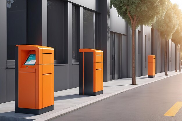 Un terminal postal automatique orange de libre-service pour la réception des colis debout sur la rue armoire électronique pour le stockage des colis vue latérale rendu 3D