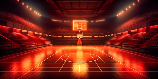 Le terrain de basket à l'arrière-plan de l'arène avec des lumières