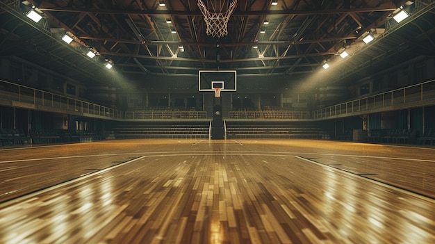 Un terrain de basket-ball dans un stade couvert avec peu de lumière et un projecteur sur le cerceau Le sol en bois