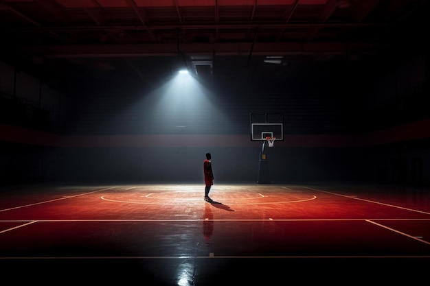 un terrain de basket-ball avec un homme debout au milieu