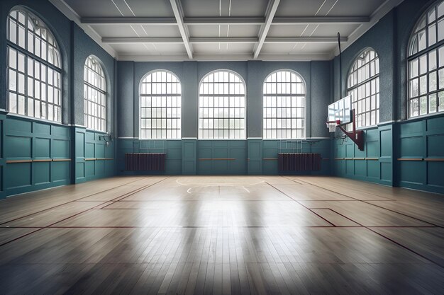 Un terrain de basket-ball avec un panier suspendu au plafond.