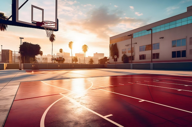 Un terrain de basket avec un coucher de soleil en arrière-plan