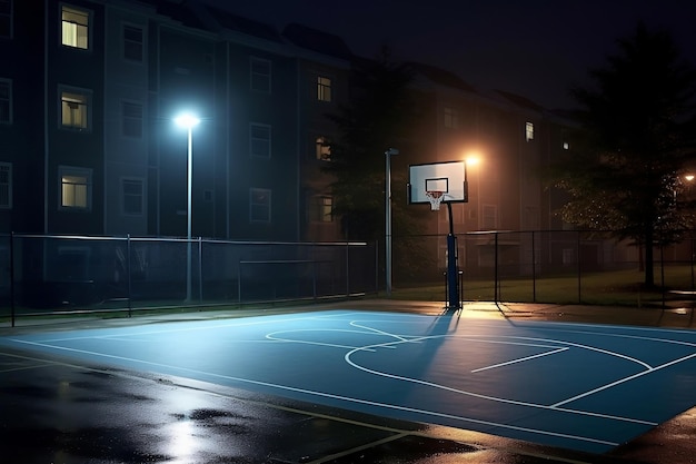 Un terrain de basket extérieur illuminé sous le ciel nocturne Generative Ai