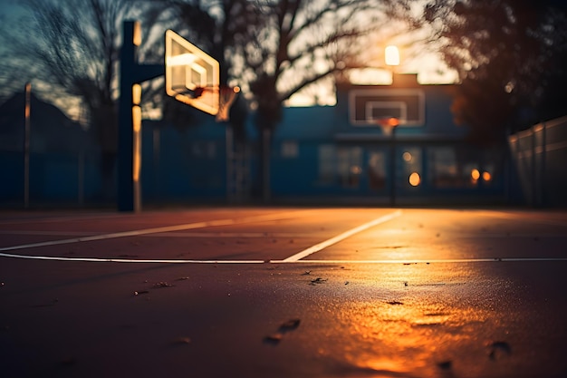 Un terrain de basket avec un terrain de basket en arrière-plan
