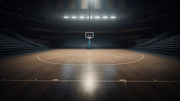 terrain de basket vide avec plancher en bois et éclairage ai génératif