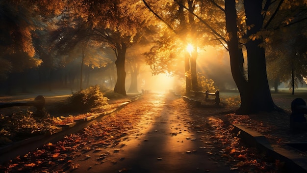 Terrain couvert de feuilles tombées dans un parc d'automne au coucher du soleil avec des rayons de soleil étonnants