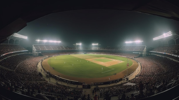 terrain de cricket pendant un match de jour et de nuit photographie grand angle avec les lumières du stade éclairant