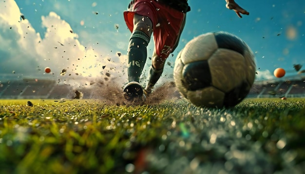 Un terrain de football avec une balle qui est frappée.