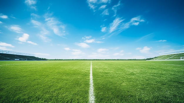 Terrain de football herbeux au stade aux beaux jours avec un ciel bleu