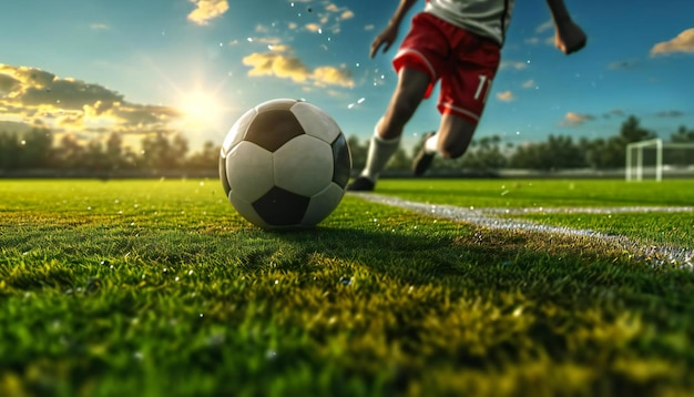 Sur un terrain de football, on donne un coup de pied à une balle.