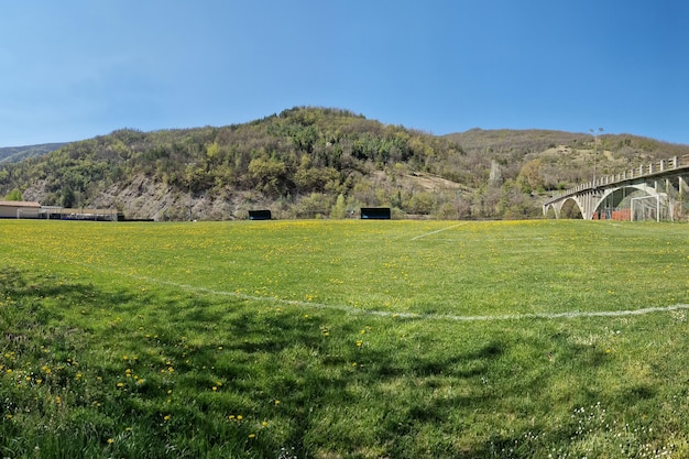 terrain de football de pays avec des fleurs aux beaux jours