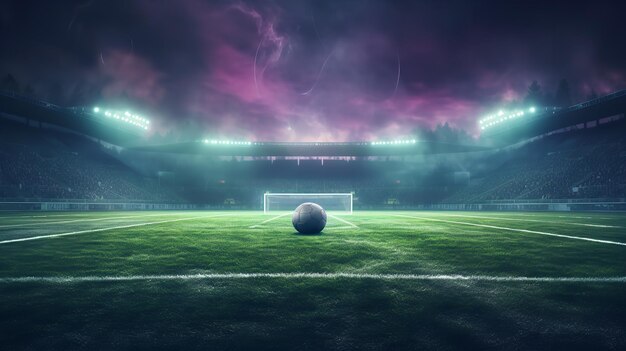 Un terrain de football texturé comprenant un brouillard au néon au milieu de l'espace du milieu de terrain IA générative