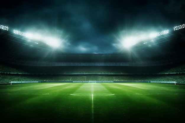 Un terrain de football vert lumineux, des projecteurs brillants, une IA générative