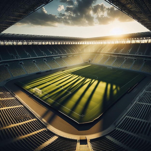 Un terrain de football vide éclairé par un éclairage cinématographique crée une ambiance atmosphérique