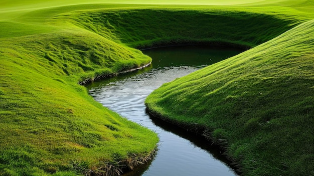 Photo un terrain de golf avec un étang et un arbre en arrière-plan