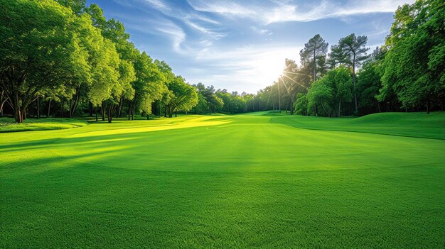 Photo un terrain de golf avec un étang et un arbre en arrière-plan