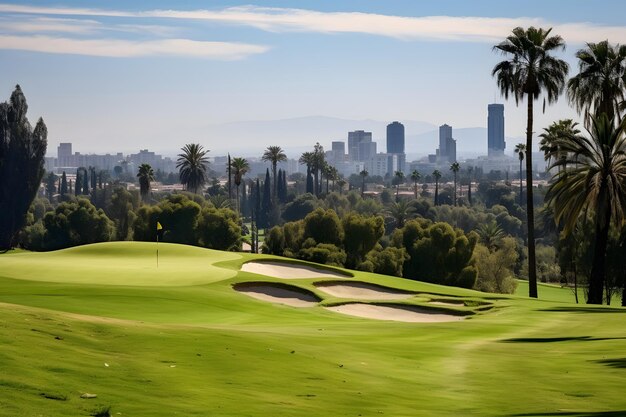 Un terrain de golf avec des palmiers et une ville en arrière-plan