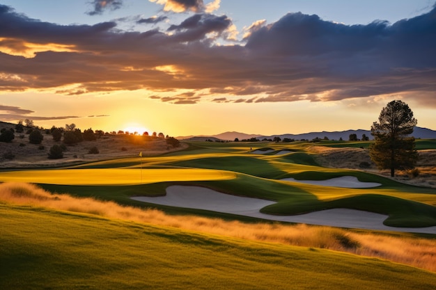 Photo un terrain de golf serein au coucher du soleil avec des greens ondulés et des pièges à sable