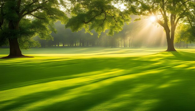 Photo terrain de golf avec le soleil brillant à travers les arbres