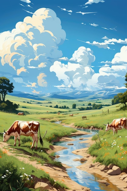 Sur le terrain, il y a des vaches représentées dans une illustration Illustration Generative AI