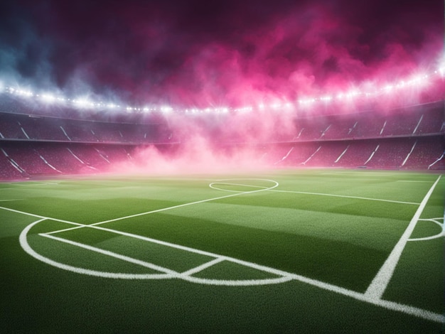 terrain de jeu de football texturé avec brouillard au néon centre milieu de terrain illustration 3D