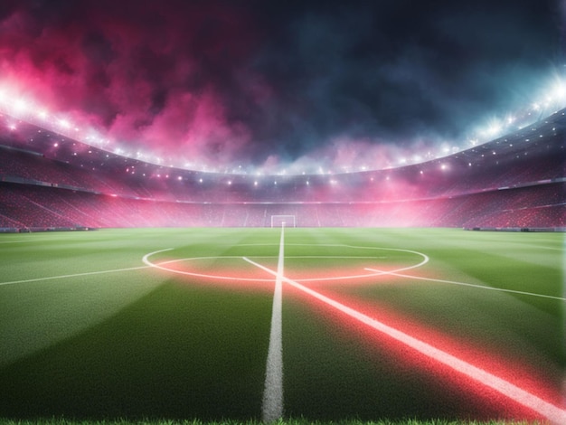 terrain de jeu de football texturé avec brouillard au néon centre milieu de terrain illustration 3D