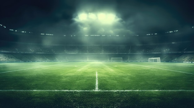 Photo terrain de jeu de football texturé avec milieu de terrain central néon brouillard