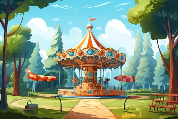 terrain de jeu pour enfants vectoriel dans le parc d'été avec carrousel