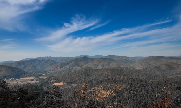 Terrain de montagne du nord de la Thaïlande avec ciel bleu.