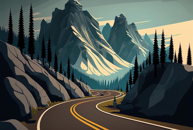 Le terrain montagneux entoure une route grise