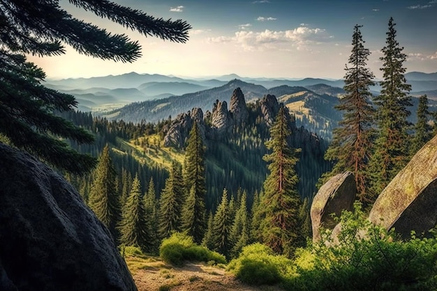 terrain montagneux avec une forêt de sapins et des sommets de granit lointains