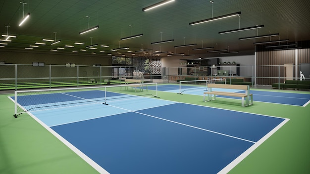 terrain de pickleball en intérieur rendu en 3D