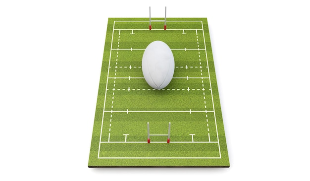 Photo terrain de rugby avec ballon et poteaux de but rendu 3d