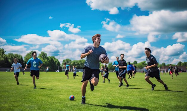 Un terrain de sport en plein air où les étudiants participent à des matchs amicaux mettant en valeur leurs compétences athlétiques