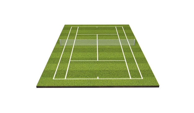 Terrain de tennis en gazon avec balisage blanc et filet. Rendu 3D.