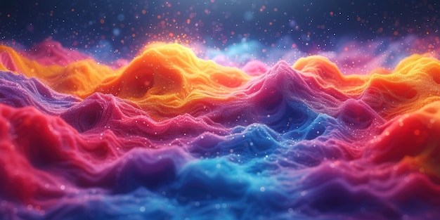 Un terrain vibrant et multicolore sous un ciel étoilé représenté dans une œuvre d'art numérique