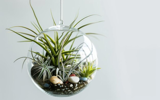 Photo terrario colgante de cristal avec plantes et décorations